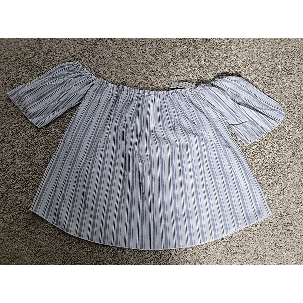 Free Kisses Top Womens XL Blue White Striped Off Shoulder Rayon Linen Blend